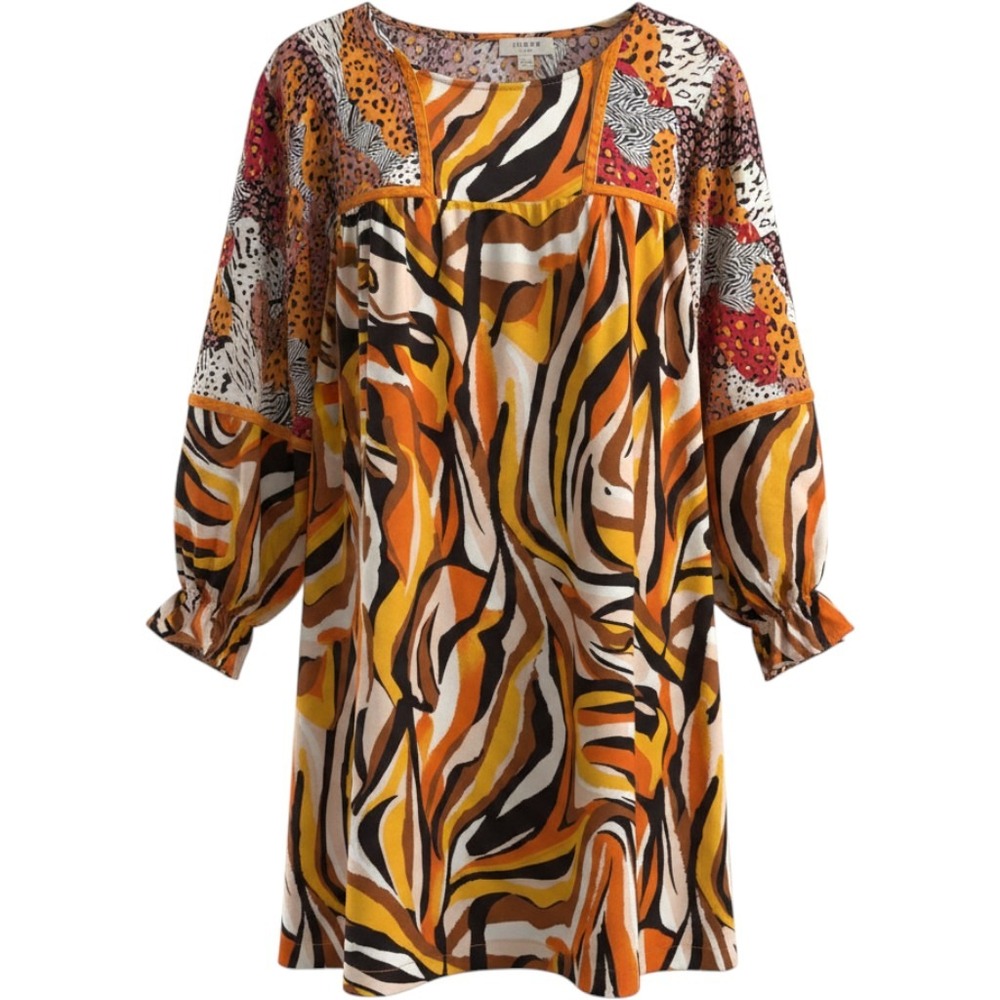 Umgee Mixed Animal Print Tunic Dress Orange Zebra Leopard Boho Babydoll Small